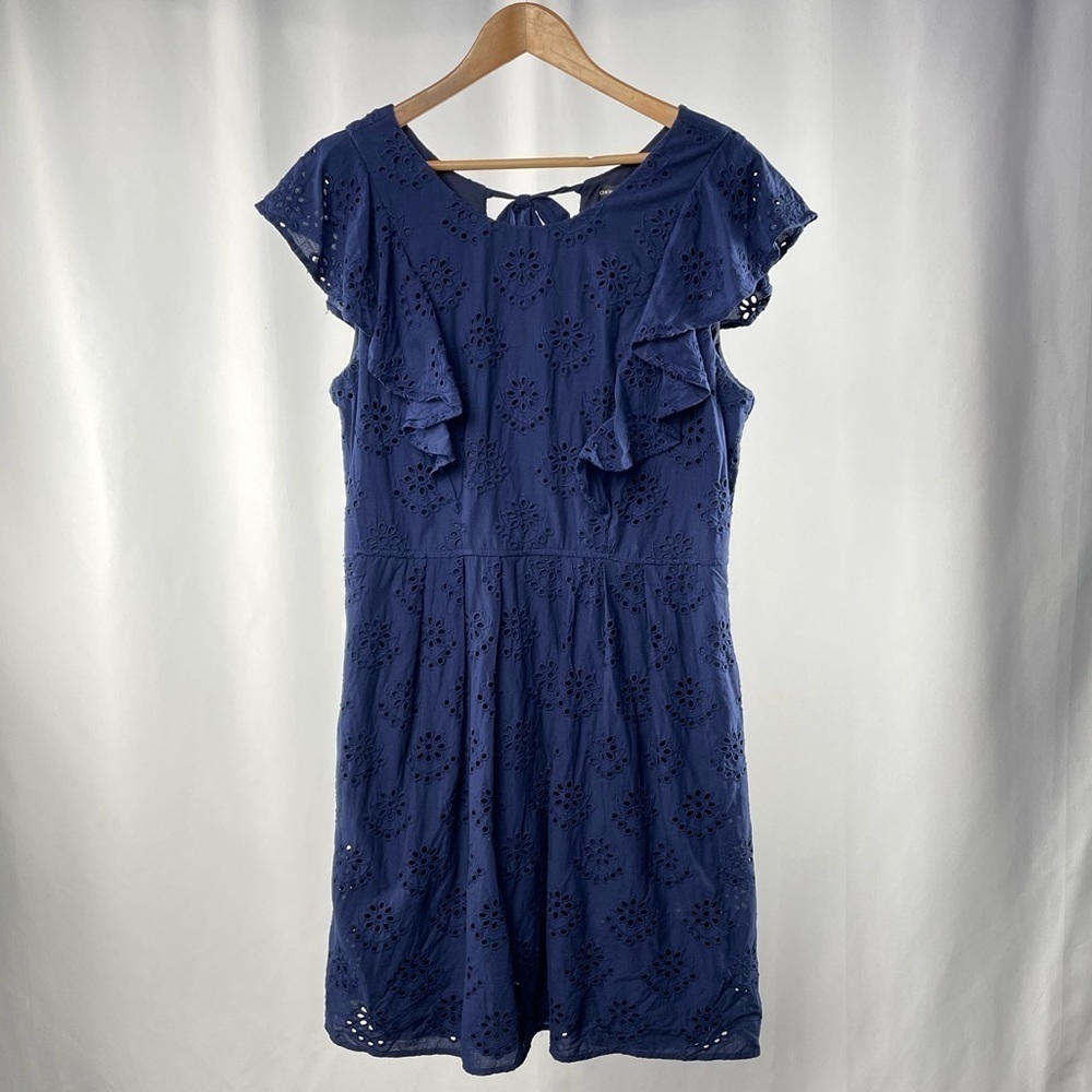 Chris McLaughlin Ruffle Eyelet Cotton Dress‎ in Navy Size 16